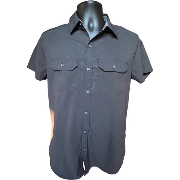 New York Slim Fit Short Sleeve Button Shirt Black Micro-Grid S - Picture 1 of 4